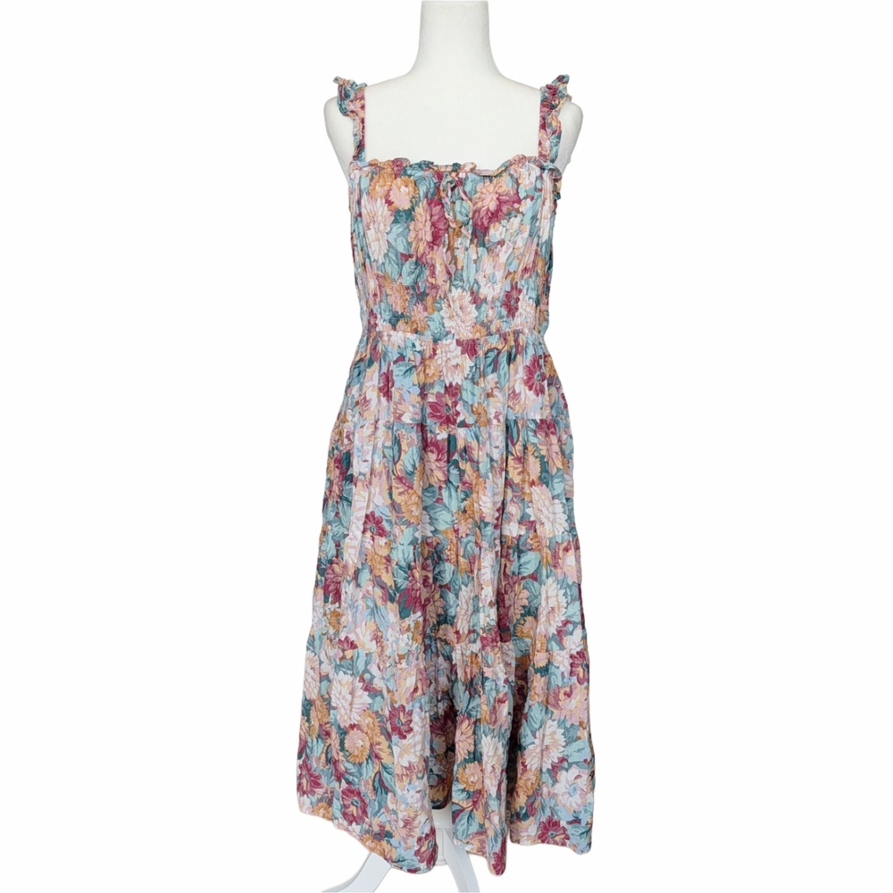 Lulus Blue Pink White Floral Ruffled Smocked Bodice Midi Sundress Size XL